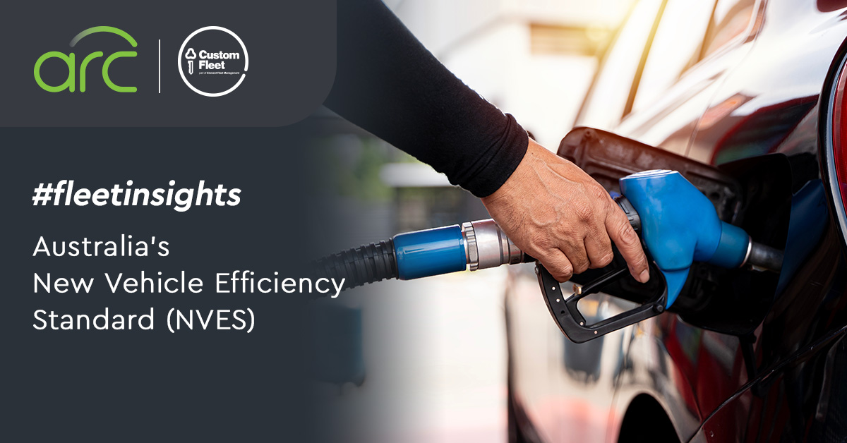 The hero image includes the words 'Australia’s New Vehicle Efficiency Standard: What you need to know', the hashtag #fleetinsights, and an image showing someone holding a blue petrol bowser, refuelling their car.