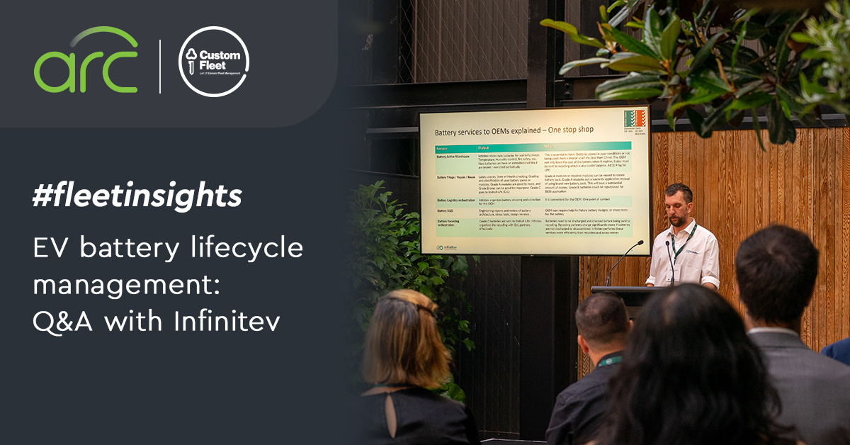 The image includes the hashtag #fleetinsights, and the title of the blog post 'EV battery lifecycle management: Q&A with Infinitev' on the left side of the image. There are two logos in the top left – Custom Fleet, and Arc by Custom Fleet. The right side shows Graeme Cochrane from Infintev, presenting to a group of people, with a slide that reads 'Battery services to OEMs explained – one stop shop.'