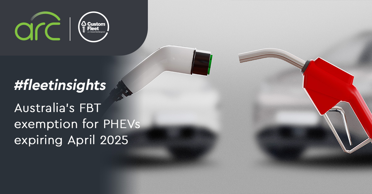 The hero image includes a standard petrol bowser and an EV charger head, with blurred images of cars in the background. The title in the image says “Australia’s FBT exemption for PHEV’s expiring April 2025