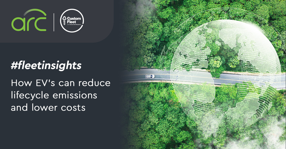 The image includes the hashtag #fleetinsights, and the title of the blog post 'EV battery lifecycle management: Q&A with Infinitev' on the left side of the image. There are two logos in the top left – Custom Fleet, and Arc by Custom Fleet. The right side shows Graeme Cochrane from Infintev, presenting to a group of people, with a slide that reads 'Battery services to OEMs explained – one stop shop.'